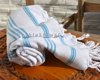 Turkishtowel-Soft-Hand woven,warp&weft cotton Hand,Tea,DishTowel-Twill pattern,Turquoise stripes on White