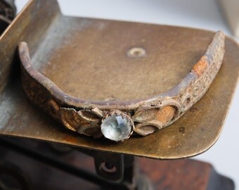 Antique brass plate with glass stone, finding, dark patina