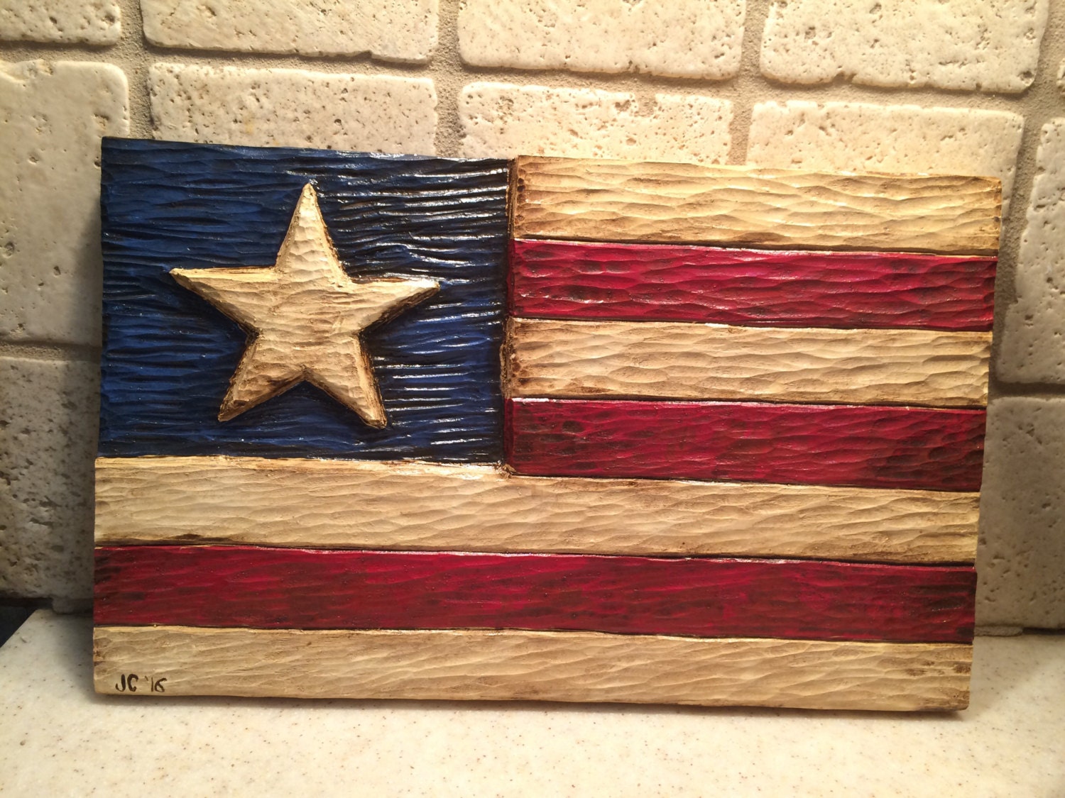 Hand Carved Hand Painted wood Americana flag wall
