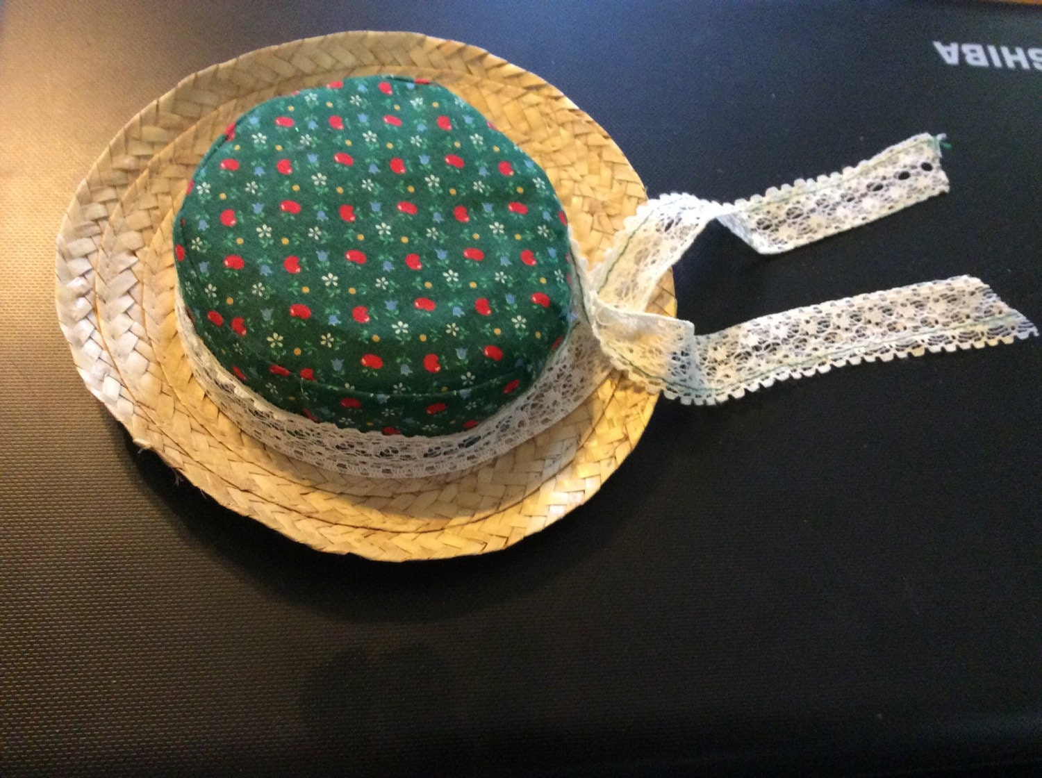 6 inch vintage Straw Doll Hat trimmed in green material by EMTWTT