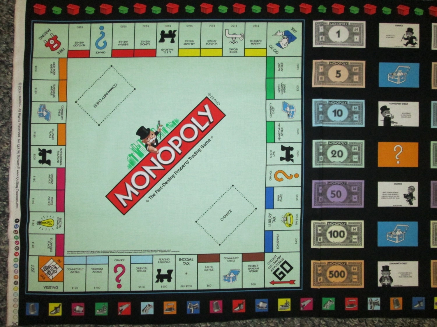 Monopoly Board Game Money Cards Cotton Fabric Panel Monopoly Board Game Money Cards Cotton Fabric Panel
