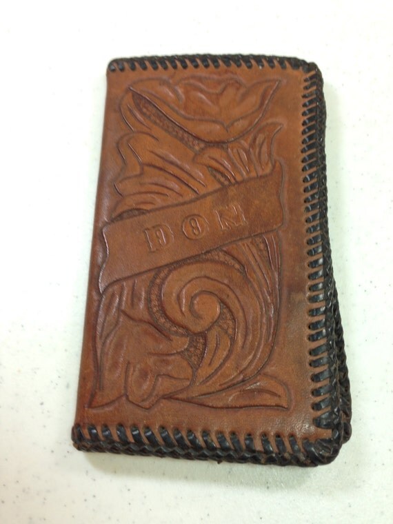 Vintage Hand Tooled Brown Leather Checkbook Cover with the