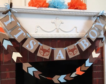 Woodland fox baby shower decorations - tribal baby shower - it's a boy banner- fox baby shower - your color choices