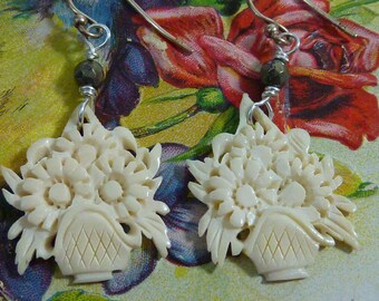 HANDCARVED BOUQUET vintage sterling BONE assemblage earrings lovely antique