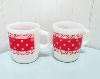 Vintage 1950s Red Polka Dot Milk Glass Mugs