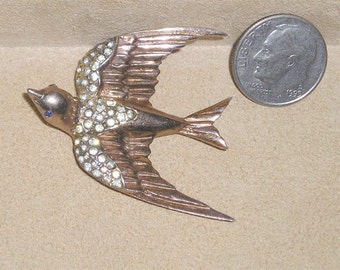 Vintage Signed Sterling Coro-Craft Heavenly Swallow Fur Clip With Clear Rhinestones 1940's Jewelry 2111