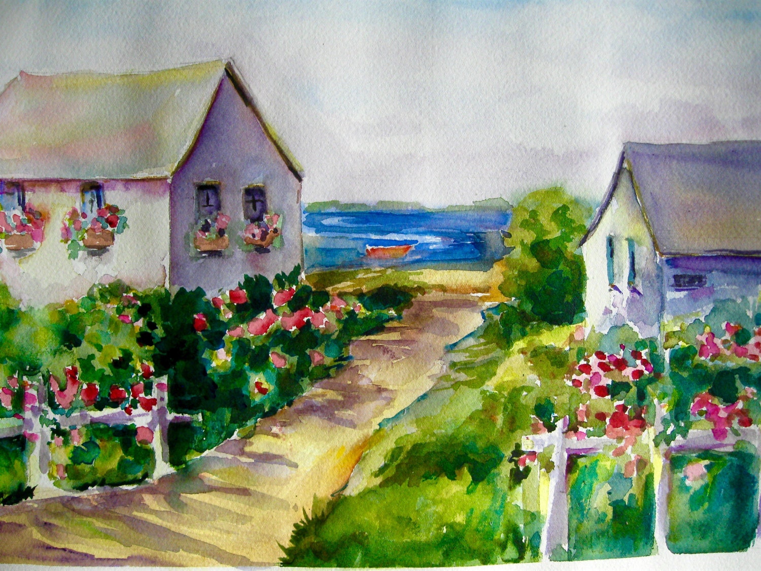 Watercolor Print Cape Cod Summer Cottages Watercolor Painting