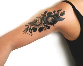 Large temporary tattoo: pair of vintage roses in black and white, grayscale, floral tattoos, tats, gift, girls, women, trial tat, festival