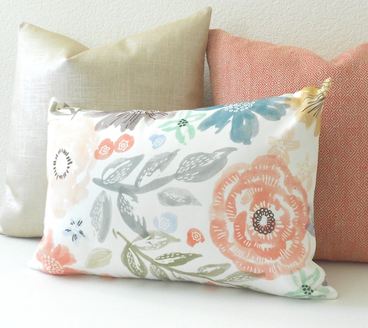 Pink green teal and gray watercolor floral decorative pillow
