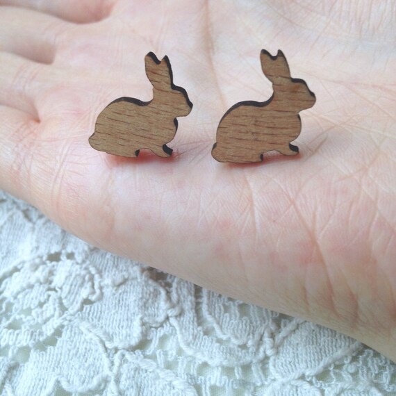 Laser cut bunny rabbit wooden stud earrings in gift by ToTheCavern