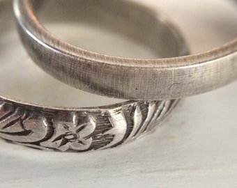 Hers & Hers Skinny 4mm Wedding Band Set in Sterling Silver - Smooth Oxidized Brushed Silver or Floral Patterned - Commitment Rings