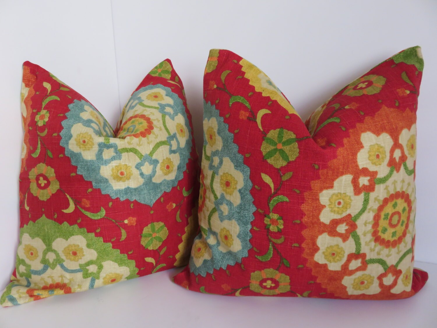 Pair 18x18 Pillow coversRed Yellow Green Teal Decorative