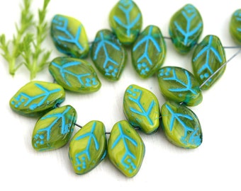 12x7mm Mixed Green Leaf beads, Blue Inlays, Light green Czech glass pressed leaves, top drilled - 25Pc - 1963