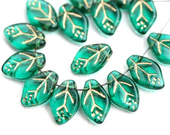 12x7mm Leaf beads, Emerald Green Golden Inlays, Czech glass pressed leaves - 25Pc - 1530