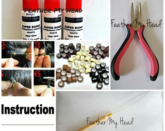Feather Hair Extension Tool Kit: Threading Tool, Tri Clamp Pliers, 25 Bead Mix, Feather Bonding Glue, Instructions *Discounted Price*