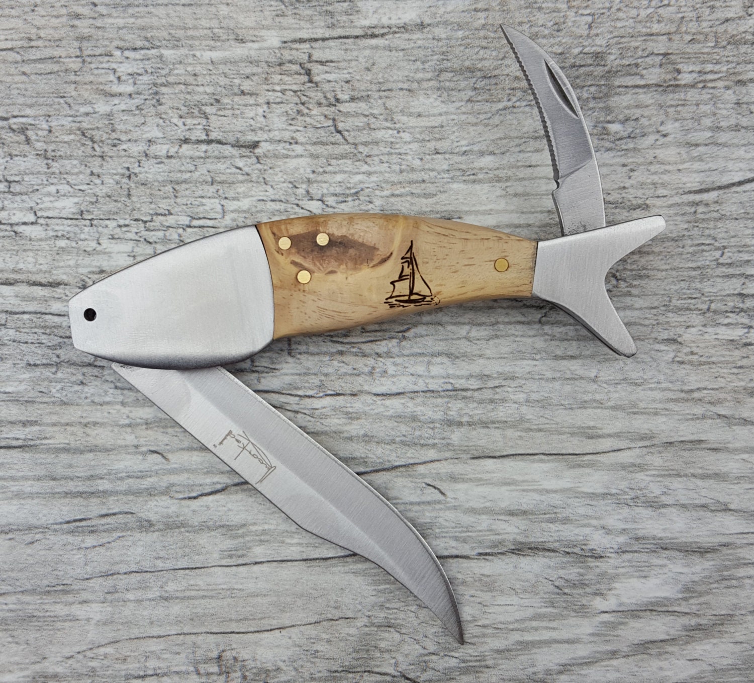 Custom Personalized Engraved Wood Fish FOLDING pocket KNIFE