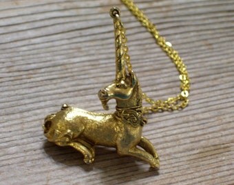 Gold Unicorn Locket, Vintage Unicorn Pendant, Corday Unicorn Perfume, Animal Jewelry, Figural Gold Plated Pendant Necklace, Fantasy Jewelry