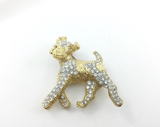 Unique Vintage Rhinestone Scotty Dog Brooch, Dog Brooch with rhinestones. Goldtone Dog Brooch. Golden Puppy Dog Pin. Cute brooches.