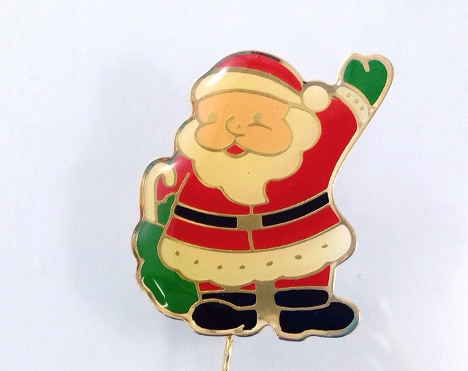 Sweet Vintage Enamel Santa Claus Brooch Pin With Vinyl, Fun Holiday Jewelry Hohoho Jolly Brooches. Christmas Holiday Pin