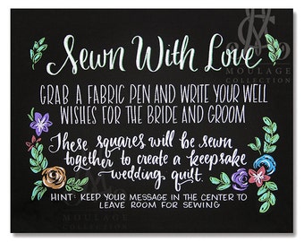 Wedding quilt printable, Sewn With Love, chalkboard style drawing, instant digital download
