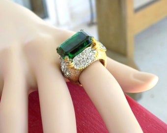 Vintage Signed Panetta Cocktail Ring Size 6 Huge Emerald Green Stone Sterling Shank Gold Vermeil
