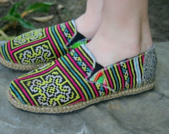 Espadrilles Vegan Womens Loafers, Colorful Hmong Embroidered Slip On Shoes - Morgan