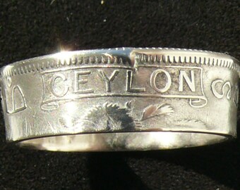 Silver Coin Ring 1917 Ceylon 50 Cents, Double Sided and Ring Size 7