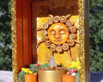 Small Sun Shrine. Solar Shrine. Mini Altar. Mini Shrine. Mini Nicho. Winter Solstice. Yule. Shadow Box. Litha. Sumer Solstice.