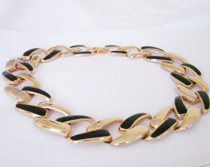 80s Modernist Black Enamel Goldtone Necklace / Wide & Chunky / Vintage Jewelry / Jewellery