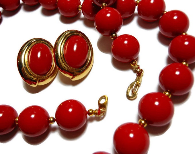 FREE SHIPPING Marvella red necklace married to Monet red earrings, cherry red beads, gold spacers, red cabochon pierced earrings, gold frame