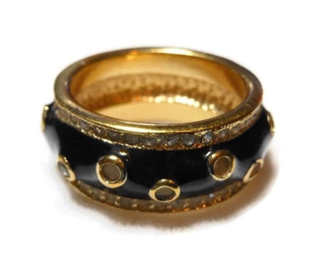 FREE SHIPPING CZ black enamel ring, pave set Cubic Zirconias frame the edges while burnish set in gold CZs dot black enamel size 6 band ring