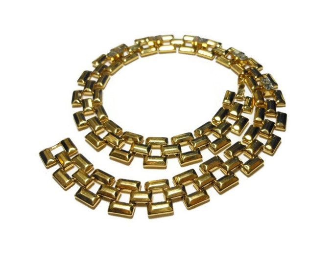 Crystal link choker necklace, 1980s box link gold plated rectangle links with channel set crystal s