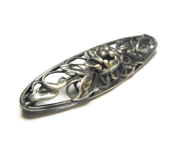 FREE SHIPPING 1930s Art Nouveau bar pin, floral sterling silver repoussé brooch, open work, rose and leaves in scroll work