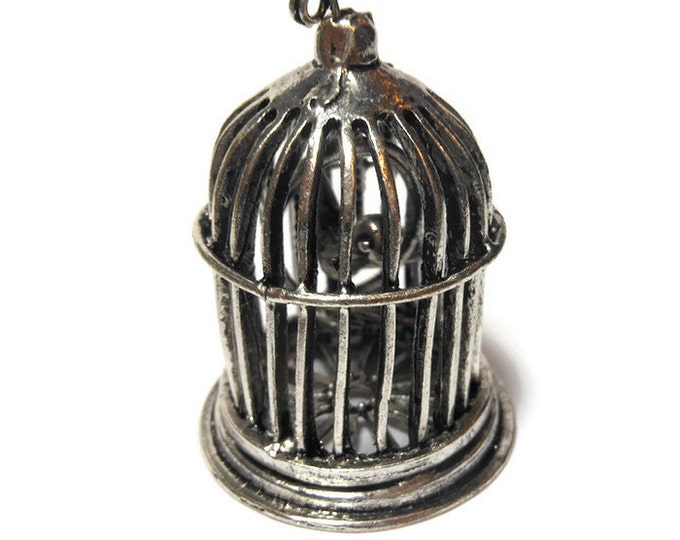 Large birdcage pendant, Blue Moon Beads®, antiqued silver-finished, 42x36mm birdcage focal, bird inside, door opens