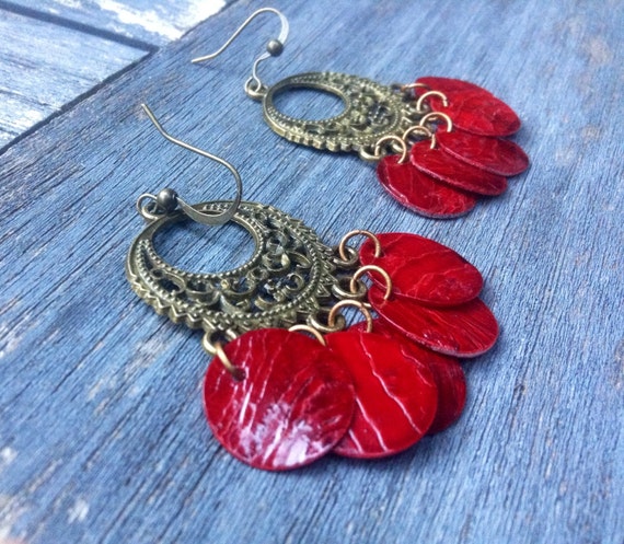 Red "Simply Chandelier" Mussel Shell Earrings