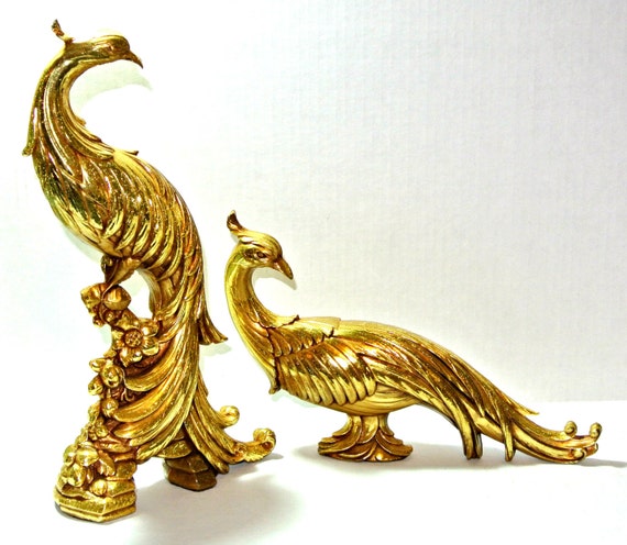 Peacock Statues Figurines Gold Syroco 1960's Home Decor