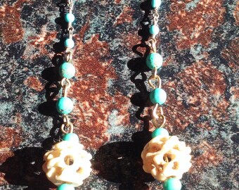 EARRINGS TURQUOISE carved bone,on 18k gold wire
