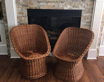 Vintage Rattan Chairs Pair Hand Crafted Woven Retro Golden Honey Natural Bohemian Chic Inspired Buri Mid Century Furniture Queen Arm Chair