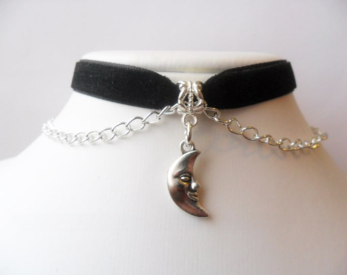 Velvet choker necklace with moon crescent pendant and a width of 3/8” (pick your neck size) Black Ribbon Choker Necklace