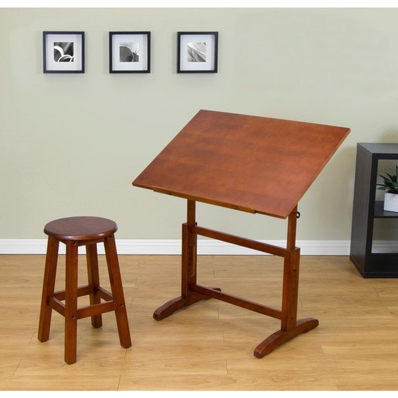 Items similar to Vintage Style Drafting Table Wood Stool Wooden Office ...