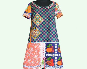 Vintage style A line dress, One of a kind french style dress , blend of cotton fabrics , made in Paris, colorful, retro