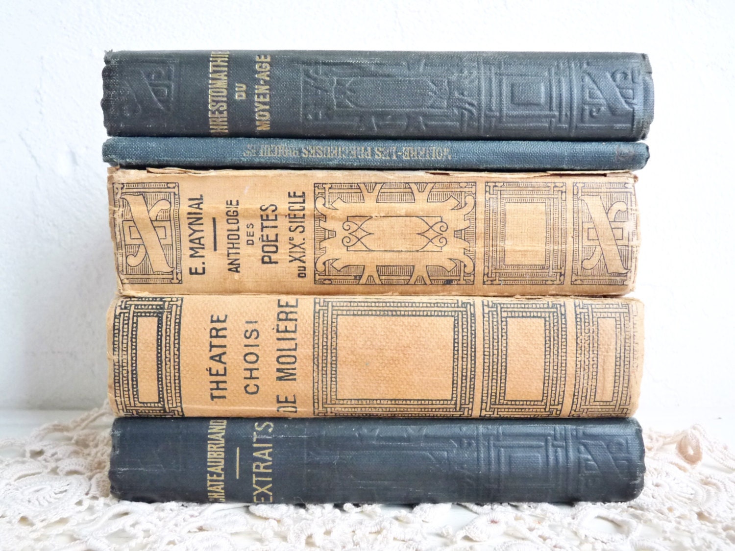 Vintage Set of 5 FRENCH BOOKS Classic Books with Teal Blue or