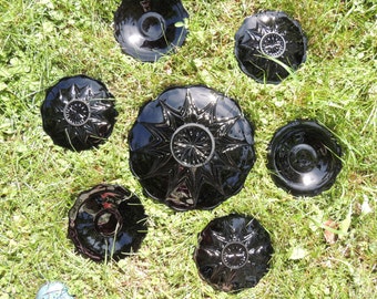 Black Amethyst Depression Glass. 1930's Swanky Cake Platter and 6 Dessert Plates. 7 Piece Set. Sunburst. VG118