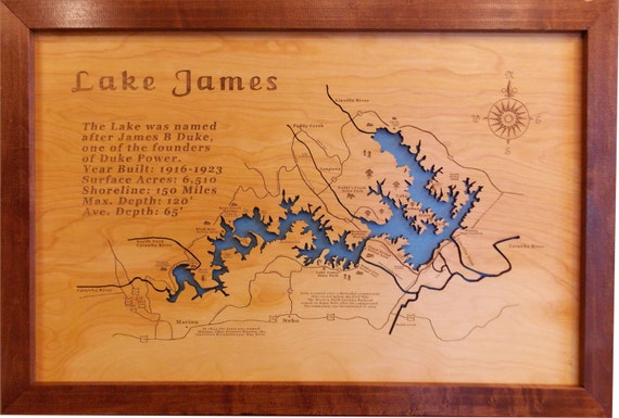 Wood Laser Cut Map of Lake James NC Topographical Engraved