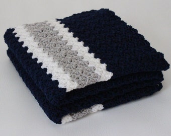 Crochet Baby Blanket Afghan Team Stripe Navy, Gray, White - Crib Blanket, Baby Bedding, Car Seat, Newborn Baby Boy Blanket, Lap Afghan