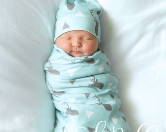 Organic Baby Boy Coming Home Outfit, Deer Swaddle and Knot Hat, Boy Leggings,Baby Boy Take Home Outfit and Blanket, Triangle Deer Modern Boy