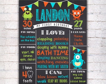 Monsters First Birthday Chalkboard Sign - Printable 1st Birthday Chalkboard Poster - Blue Green Orange Birthday Board - Digital file - 099