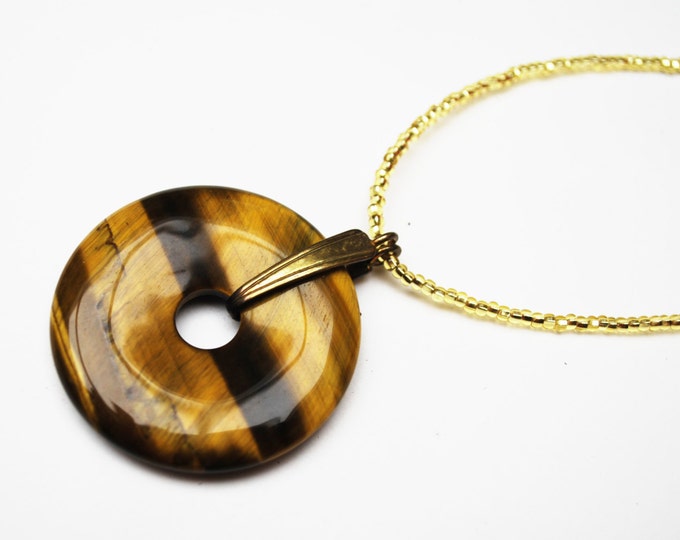 Tiger eye Pendant necklace round gemstone Brown yellow Disc bead