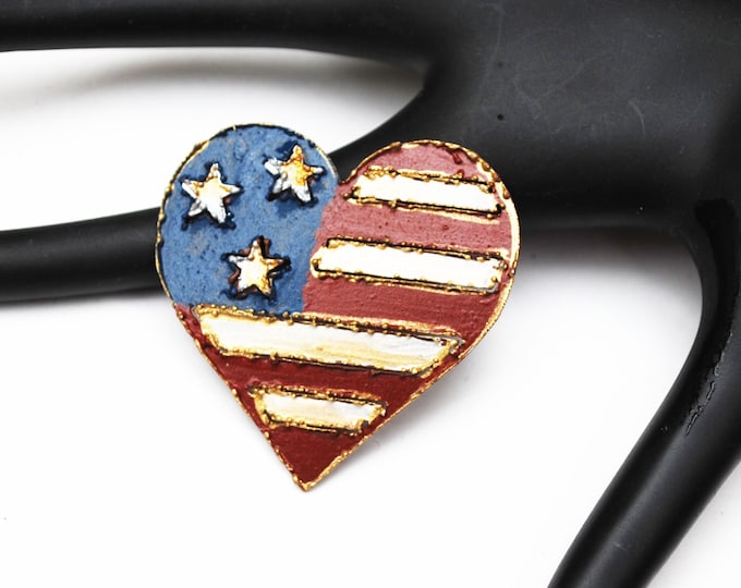 Flag Heart Brooch - Red white Blue - American flag painted on copper metal heart pin