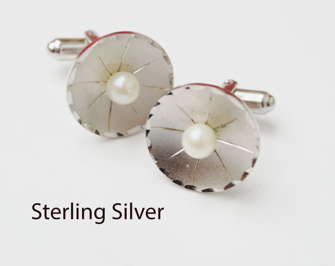 Sterling Silver Pearl Cuff links and tie tact. - round white salt water pearl - wedding groom - cufflinks